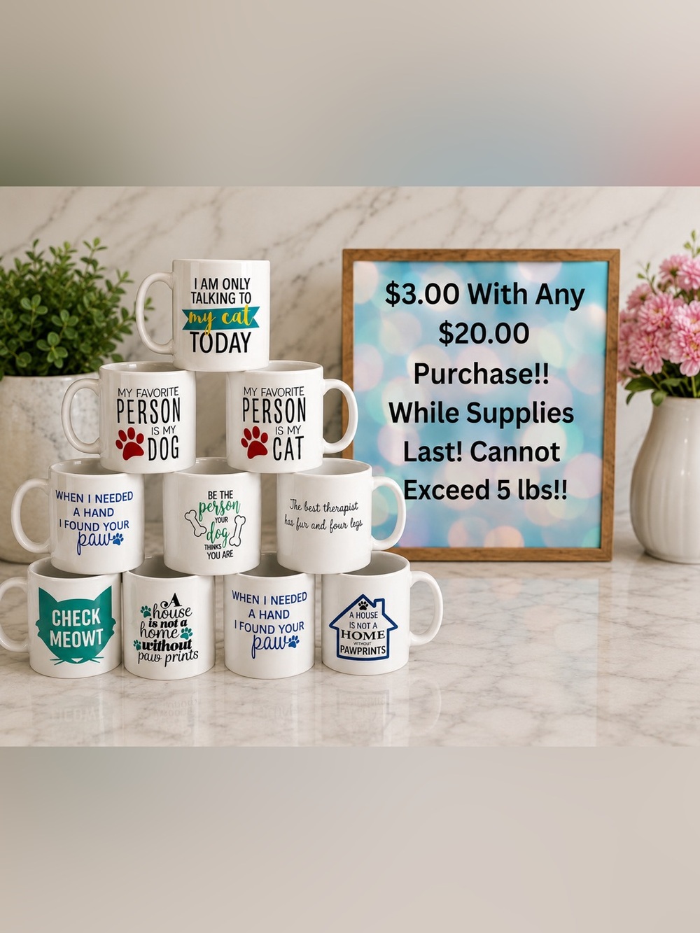 Set of White Pet-Themed Ceramic Double Sided Coffee Mugs With Colorful Prints